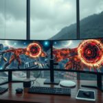 Két ultrawide monitor futurisztikus játékképpel, széles látómezővel.