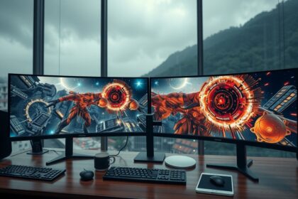Két ultrawide monitor futurisztikus játékképpel, széles látómezővel.