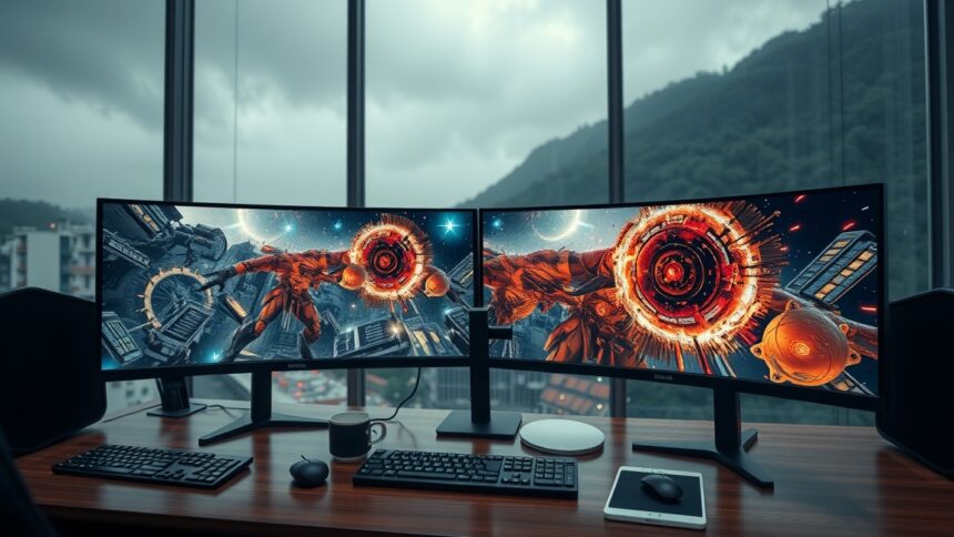 Két ultrawide monitor futurisztikus játékképpel, széles látómezővel.