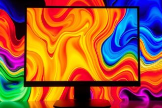 Színes monitor vibráló háttérrel a pixelsűrűség bemutatására.