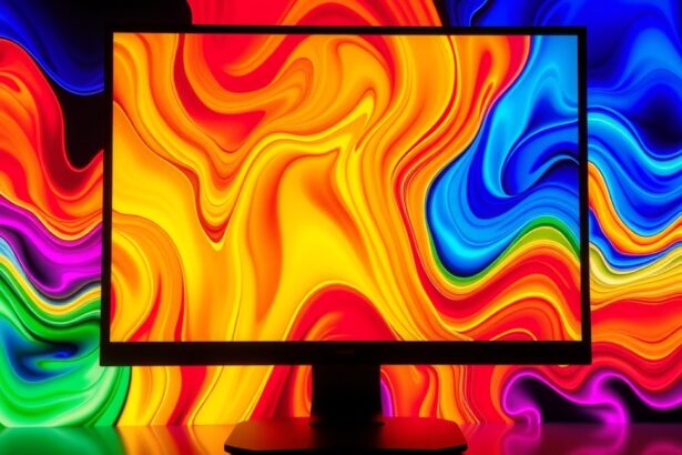 Színes monitor vibráló háttérrel a pixelsűrűség bemutatására.