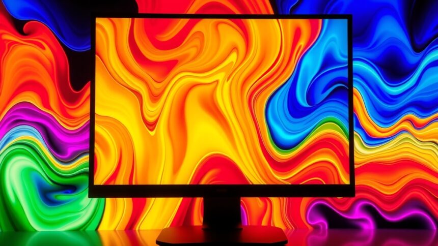 Színes monitor vibráló háttérrel a pixelsűrűség bemutatására.