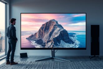 Modern TV a tengerparti tájjal, szobai környezetben.