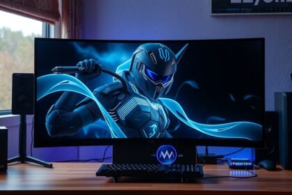 Modern gaming monitor with a futuristic character display