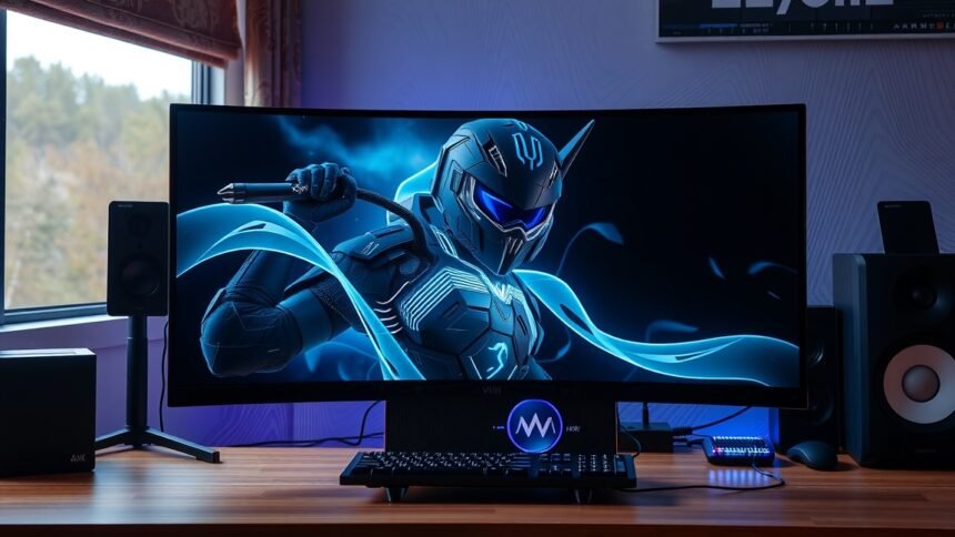 Modern gaming monitor with a futuristic character display