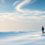 Kép egy sétáló emberről a havas tájban