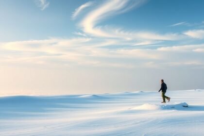 Kép egy sétáló emberről a havas tájban