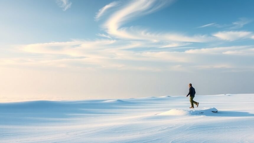 Kép egy sétáló emberről a havas tájban