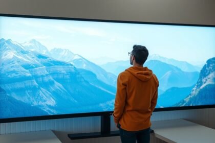 Felhasználó egy nagy kijelzőn gyönyörködik a hegyek panorámájában