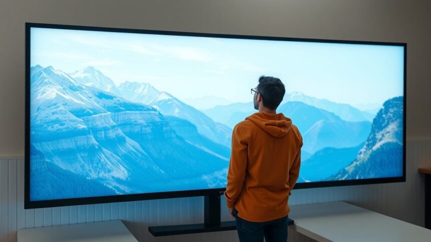 Felhasználó egy nagy kijelzőn gyönyörködik a hegyek panorámájában