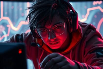 Játékos gamer monitor előtt, headsetben, koncentrált arckifejezéssel.