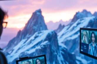 Két monitor a hegyek lábánál, háttérben gyönyörű naplemente.