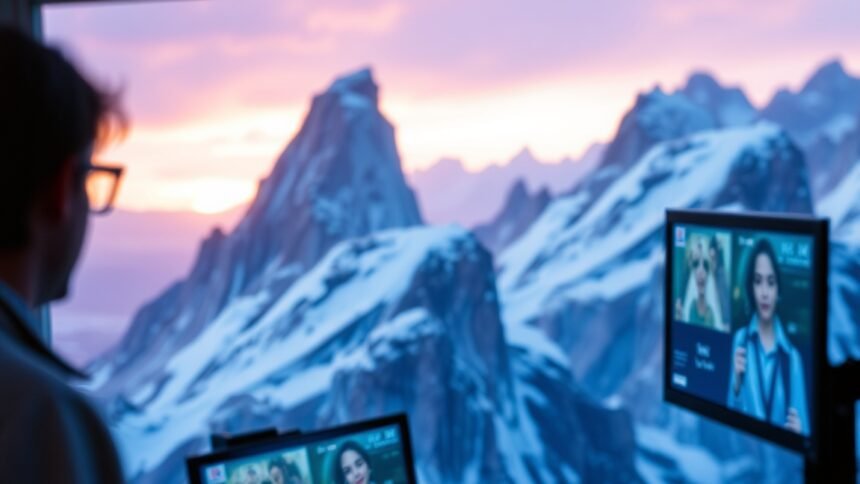 Két monitor a hegyek lábánál, háttérben gyönyörű naplemente.