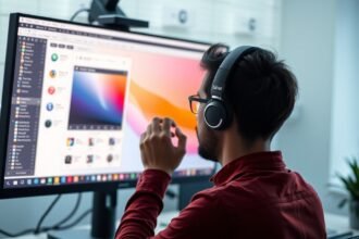 Férfi monitor előtt, fejhallgatóban, színek és felbontás beállítása