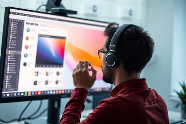 Férfi monitor előtt, fejhallgatóban, színek és felbontás beállítása