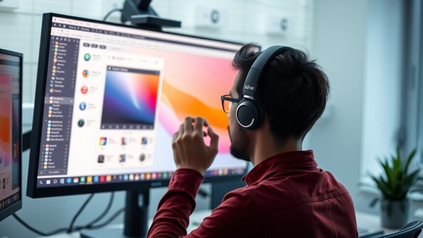 Férfi monitor előtt, fejhallgatóban, színek és felbontás beállítása