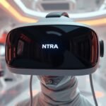 Modern VR headset in a futuristic environment