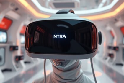 Modern VR headset in a futuristic environment