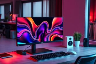 Színes monitor a modern munkahelyen, technológiai környezetben.