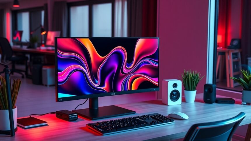 Színes monitor a modern munkahelyen, technológiai környezetben.