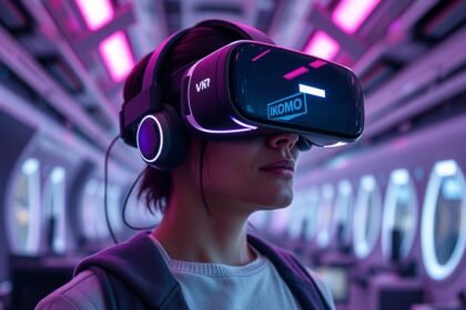 Nő VR headsetet visel, modern technológiai környezetben.