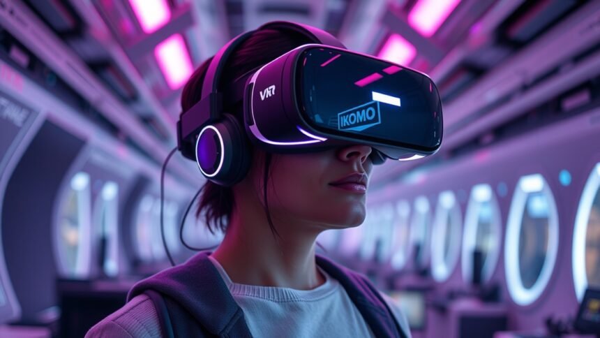 Nő VR headsetet visel, modern technológiai környezetben.