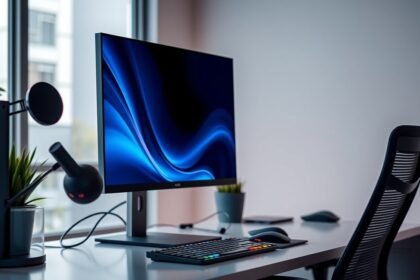 Modern számítógép monitor és ergonómikus szék a munkahelyen.