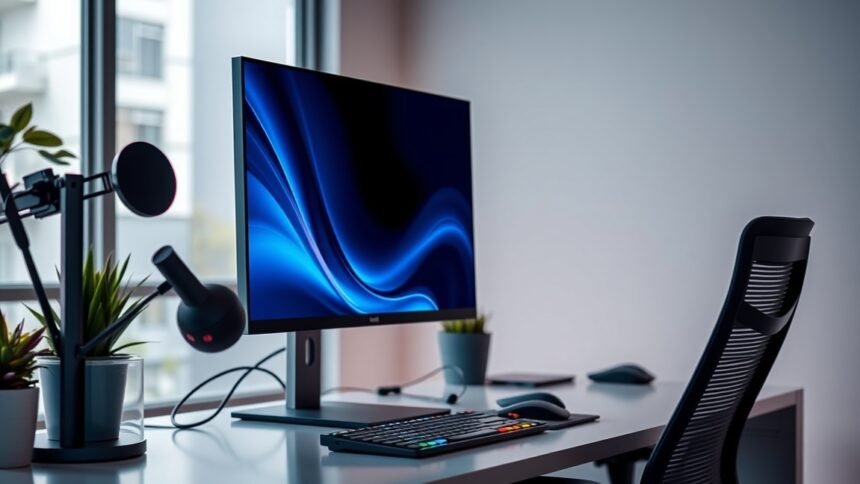 Modern számítógép monitor és ergonómikus szék a munkahelyen.