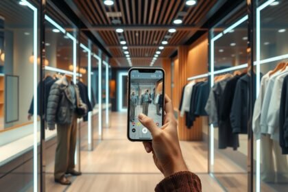 Mobiltelefon használata kiterjesztett valóság próbafülkében