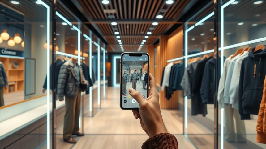 Mobiltelefon használata kiterjesztett valóság próbafülkében