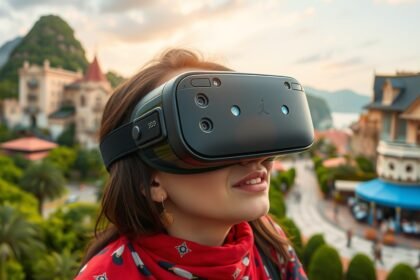 Nő VR szemüveget visel, felfedezve egy gyönyörű városi tájat.