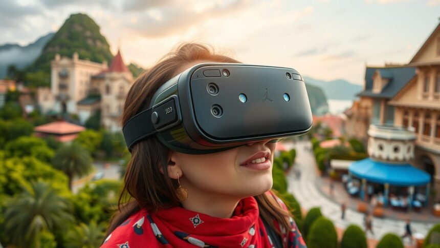 Nő VR szemüveget visel, felfedezve egy gyönyörű városi tájat.