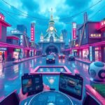 Színes városi táj, ahol AR játékok élményei bontakoznak ki.