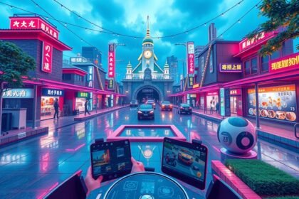 Színes városi táj, ahol AR játékok élményei bontakoznak ki.