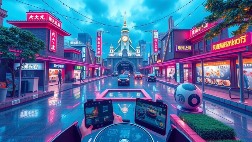 Színes városi táj, ahol AR játékok élményei bontakoznak ki.