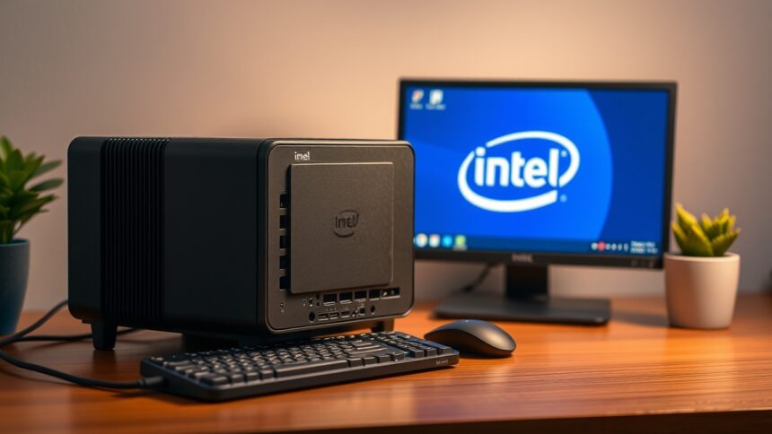 Intel NUC kompakt számítógép és monitor otthoni irodához