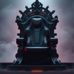 Fekete gamer szék díszes trónon, futurisztikus háttérben