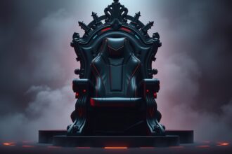 Fekete gamer szék díszes trónon, futurisztikus háttérben