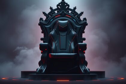 Fekete gamer szék díszes trónon, futurisztikus háttérben