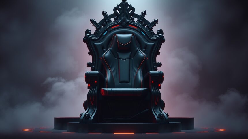 Fekete gamer szék díszes trónon, futurisztikus háttérben