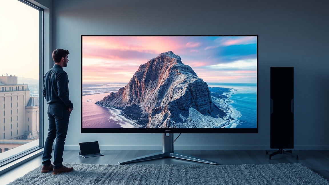 Modern TV a tengerparti tájjal, szobai környezetben.