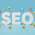 SEO felirat emojikkal és közösségi média ikonokkal