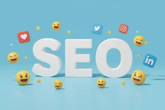 SEO felirat emojikkal és közösségi média ikonokkal