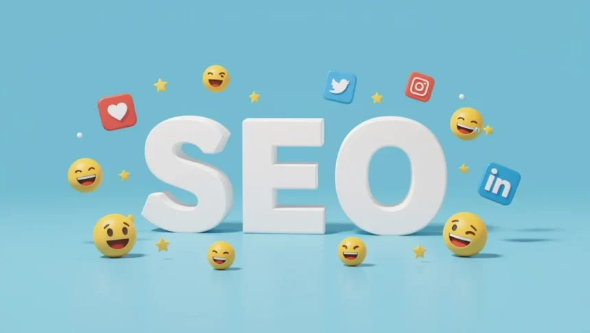 SEO felirat emojikkal és közösségi média ikonokkal