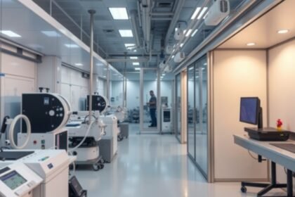 Tisztaszoba a processzorgyártás szigorú körülményeiben.