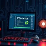 Modern számítógép beállítás technológiai háttérrel és világítással.