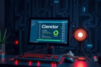 Modern számítógép beállítás technológiai háttérrel és világítással.