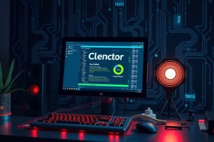 Modern számítógép beállítás technológiai háttérrel és világítással.