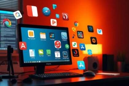 Számítógép képernyő, amelyen alkalmazás ikonok lebegnek RAM használat elemzéshez.