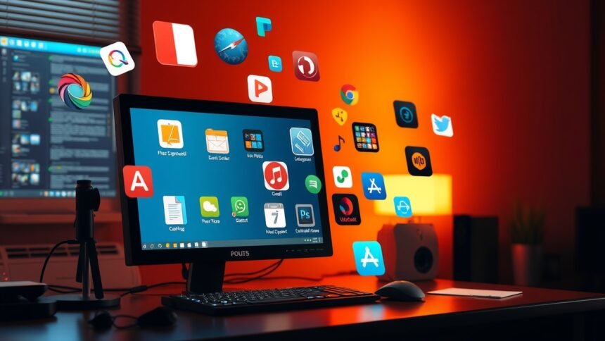 Számítógép képernyő, amelyen alkalmazás ikonok lebegnek RAM használat elemzéshez.